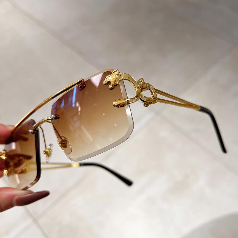 Luxury Vintage Rimless Sunglasses Women Fashion Trendy Leopard Head Frame Gradient UV400 Sun Glasses For Men
