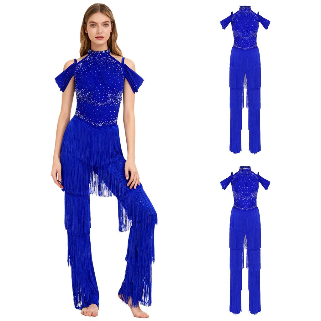 Damen Latein-Tanzparty Jumpsuit S-XXL: Halter Off-Shoulder rückenfreie Strampler mit Strasssteinen, mehrstufigen Quasten für Samba, Rumba, Gesellschaftstanz