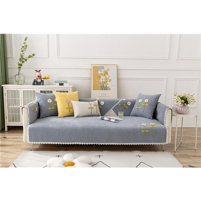 Universal Fabric Solid Color Embroidered Flower Sofa Cushion for All Seasons Modern Simple Non-slip Sofa Cushion Cover