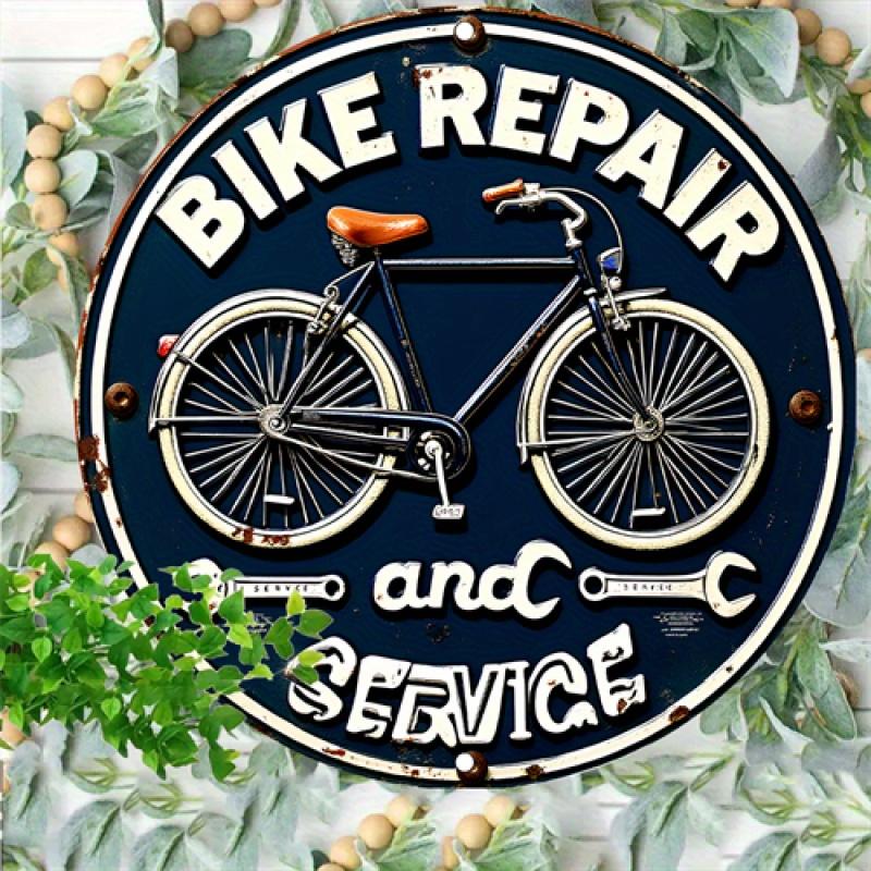 HD Tin Sign Bike Repair and Service Round Metal Wall Art Vintage Bicycle Garage Decor