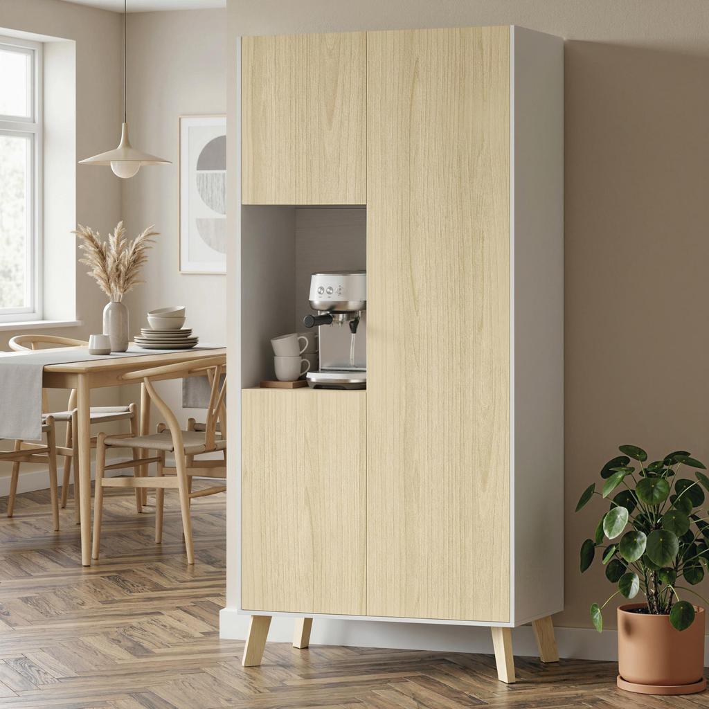 170 cm Kitchen Cabinet, Modern Cabinet with Open Compartment, Adjustable Shelves, Natural Wood Look