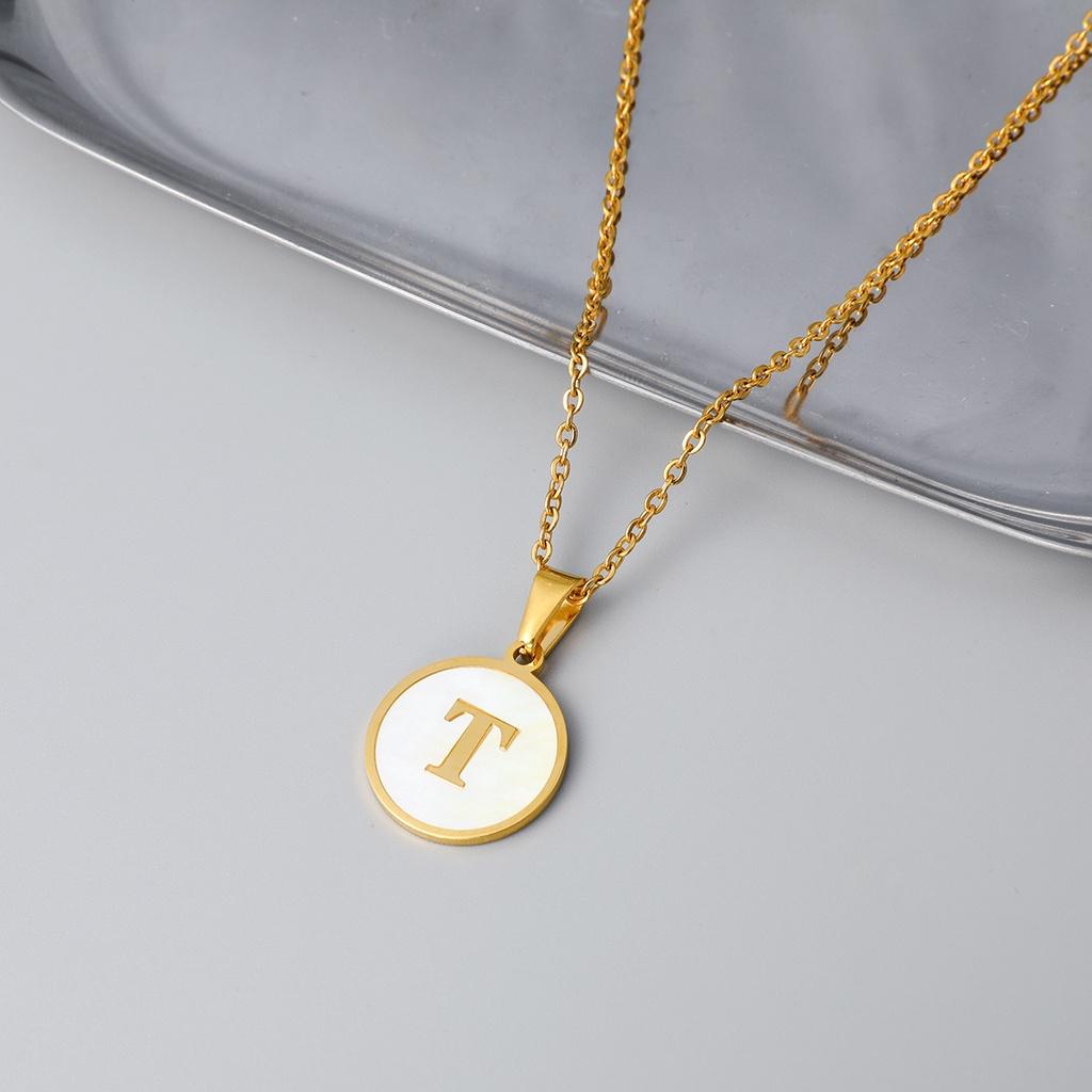 Stylish Stainless Steel Shell Letter Necklace For Women Round Titanium Steel Pendant Necklace With English Alphabet Letters