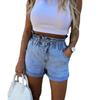 Fashion Women High Waist Denim Shorts Summer Casual Ladies Jeans Elastic Waist Ruffles Female