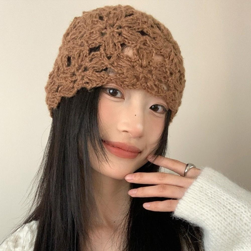Solid Color Knitted Pullover Hat Hollow Beanies Cap Cute Crochet Flower Hat  Girls