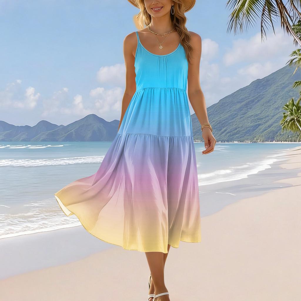 Damen Sommer Mode Bedrucktes Tasche Verstellbarer Schultergurt Bohemian Freizeit Strand Resort Trägerkleid