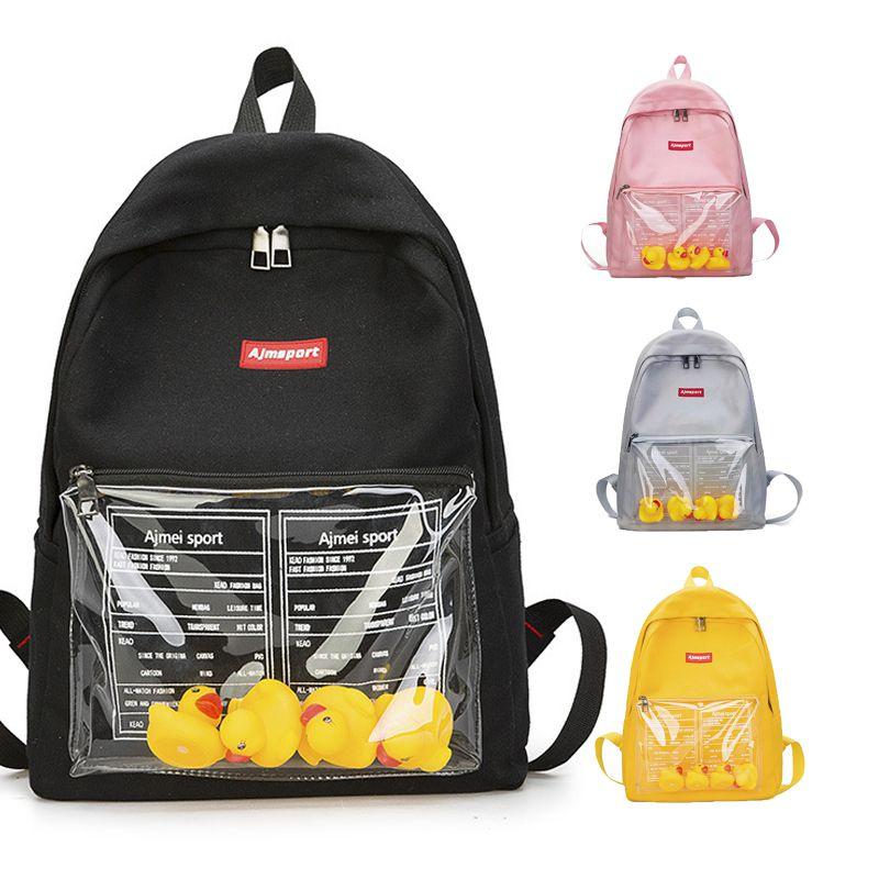 Durable Canvas Womens Backpack With Fun Duck Toy And Transparent School Bag Design