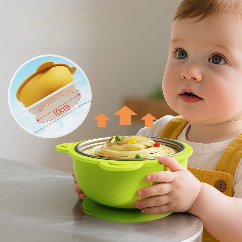 304 Stainless Steel Baby Feeding Bowl Easy to Clean Heat Resistant Kids Tableware Silicone Suction Base Divided Design