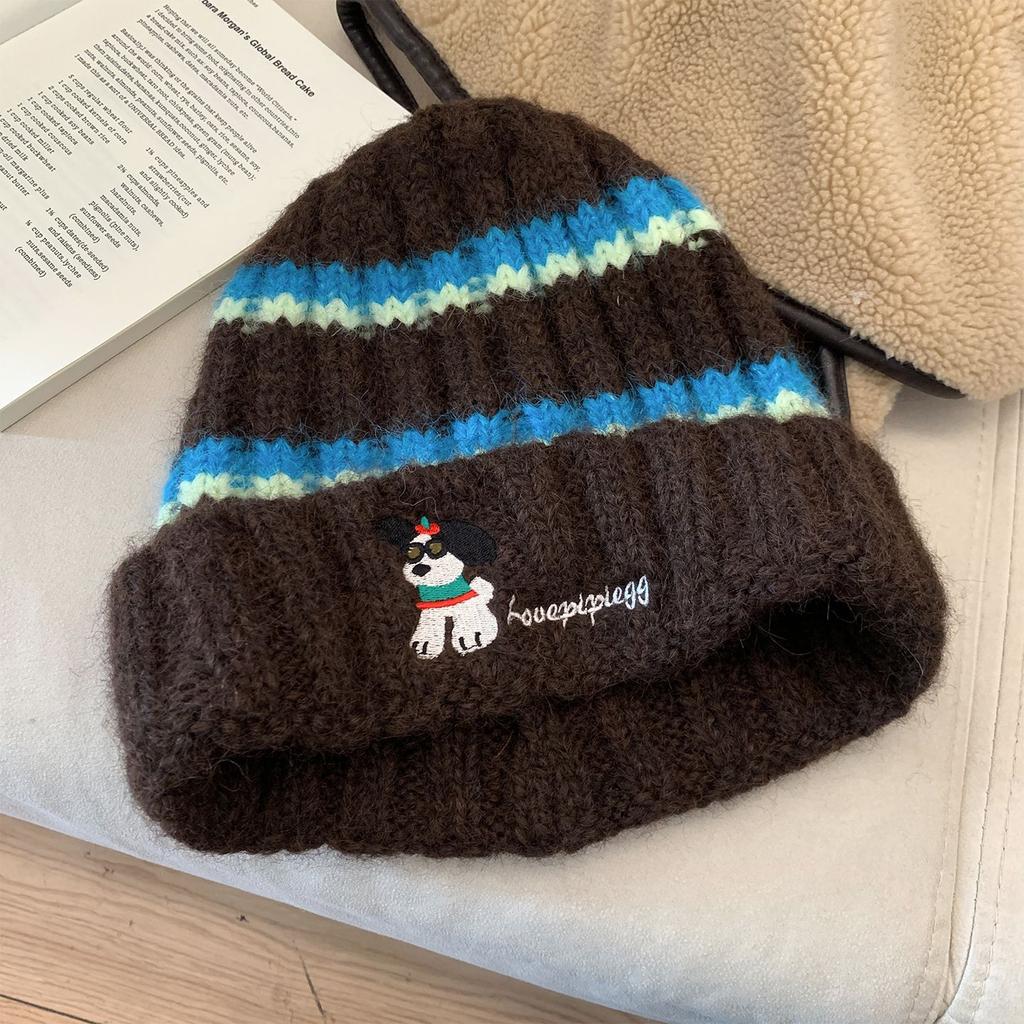 Sunglasses Puppy Embroidery Striped Wool Hat Female Autumn and Winter Face Small Knitted Hat Big Head Circumference Warm Cold Hat