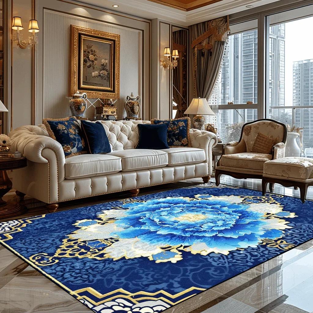 Deluxe European Style Carpet for Living Room Blue Home Decor Bedroom Tea Table Soft Rug Washable Short Plush Lounge Floor Mats