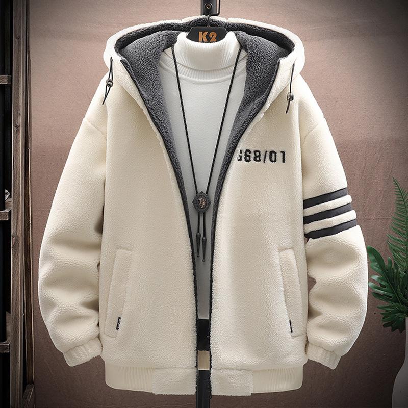 Men s Lambswool Striped Thick Hooded Jacket - Fleece-Lined Warm Cotton Jacket for Autumn and Winter. L