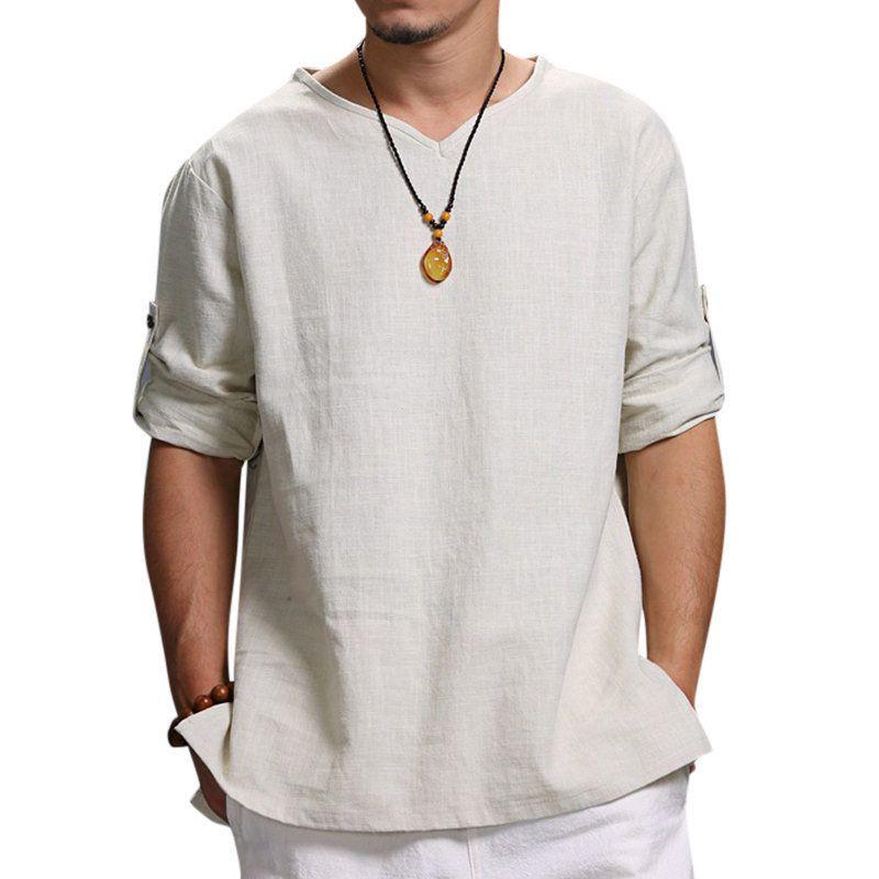 Shirt Mens Loose Long Sleeve V Neck Cotton Linen T Shirts Vintage Tops Blouse