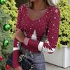 Women's Winter Slim-Fit Base Layer T-Shirt Fashionable Christmas Print V-Neck Pullover Long-Sleeved Top