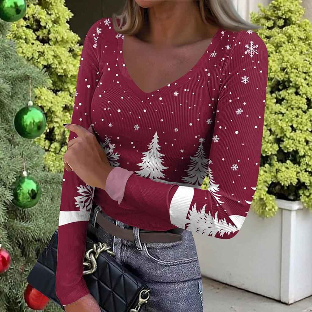 Women's Winter Slim-Fit Base Layer T-Shirt Fashionable Christmas Print V-Neck Pullover Long-Sleeved Top