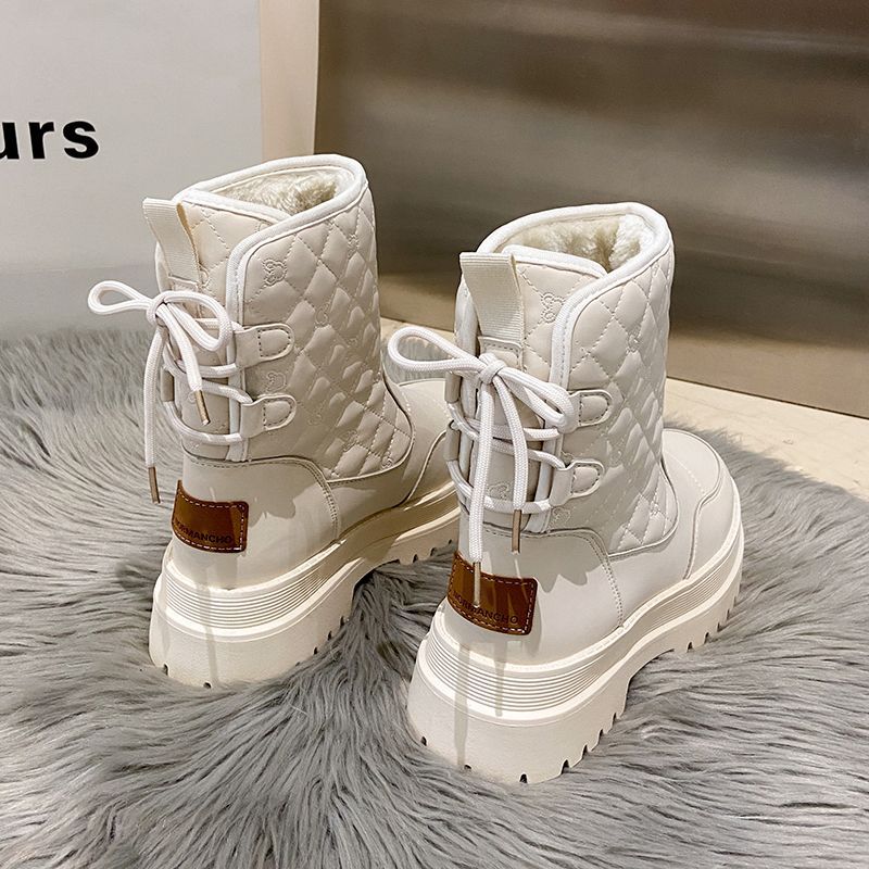 Nordöstliche Schneestiefel Damen Pelz integriert rutschfest mittelhohe Stiefel Kinder Winter dicksohlige Samt Stiefeletten kältefest Schnee Baumwollschuhe