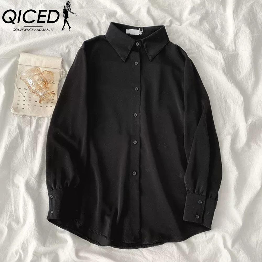 

QICED Женская Мода Повседневный Однотонный Принт Длинный Рукав Воротник ПОЛО Блузки и Рубашки XL чёрный