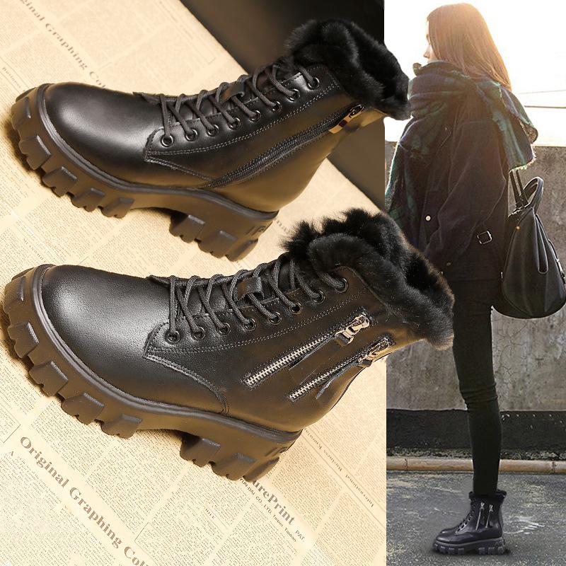 Dámské zimní robustní platformové sněhule se zipem Teplé šněrovací kotníkové boty s kožešinovou podšívkou Pohodlné protiskluzové vycházkové bojové boty Obuv pro ženy