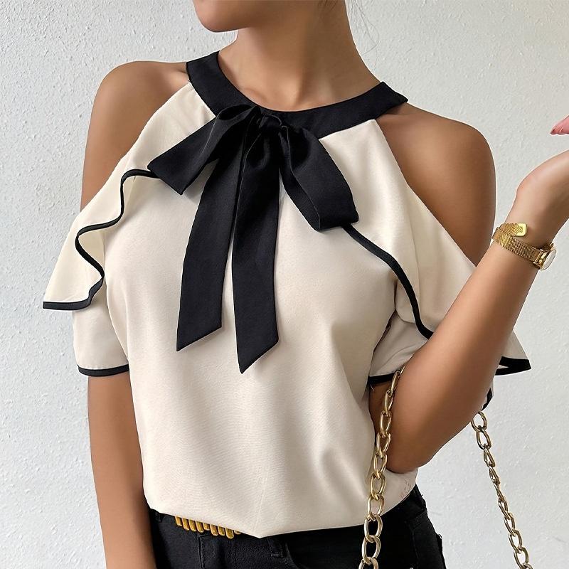 Women's Bow Neck Blouse Double Layer Short Sleeve Loose Pullover Solid Color Summer Top