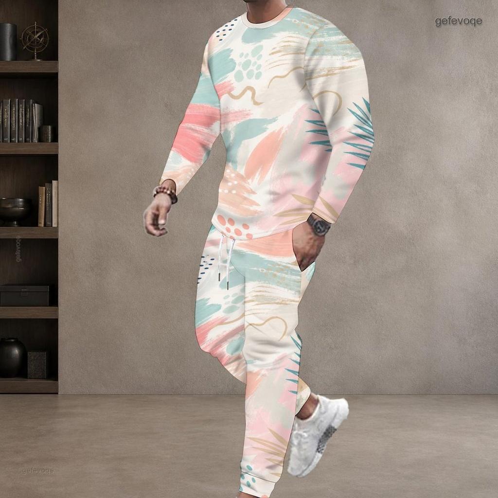 Men Plus Size Geometric Printed Casual Two Piece Set Round Neck Long Sleeve Top Cuffed Pants