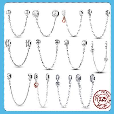 Zircon Safety Chain Charms Beads Fit Original Fashion Style Bracelet 925 Sterling Silver Jewelry Dangle Making