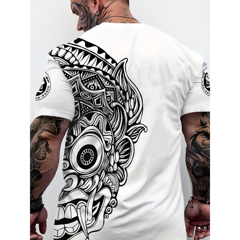 3D Abstract Tribal Mask Printed T-Shirt for Men Trendy Short Sleeve Tees Black White Geometric Line Art Graphic Round Neck Hip Hop Streetwear Tops
