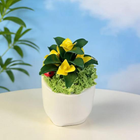Handmade Mini Flower Figurine Artificial Ceramic Flowers in Pot for Car Dashboard Bathroom Home