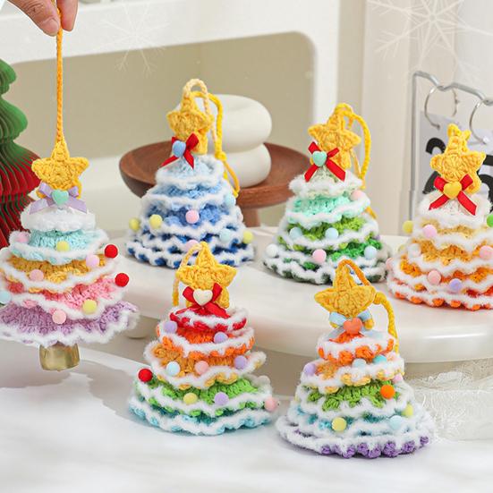 Knitted Christmas Tree Ornament Multi-Layered Mini Crochet Christmas Tree Hanging Decoration with Bell And Star Top Colorful Small Xmas Tree