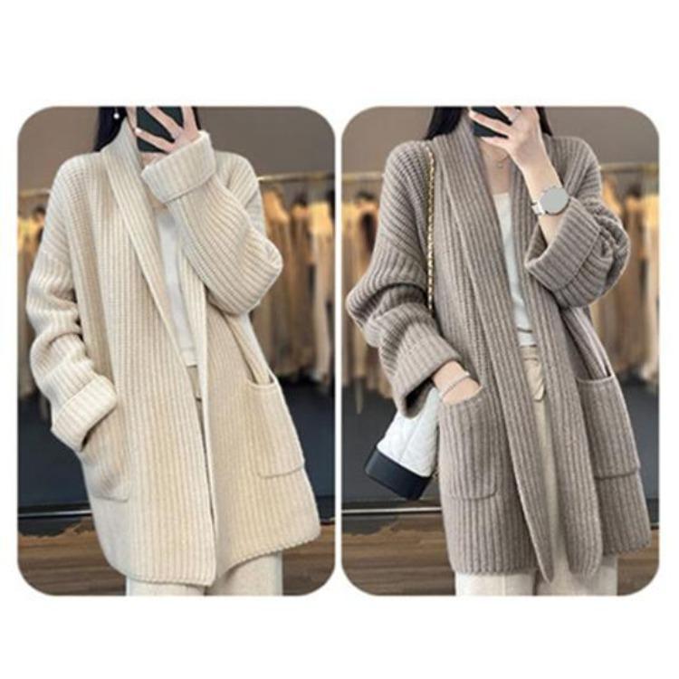Warmer Weicher Damen Übergrößen Cardigan Pullover Winter Herbst Gestrickt Langarm Locker Dick Offener Stich Elastisches Revers Taschen
