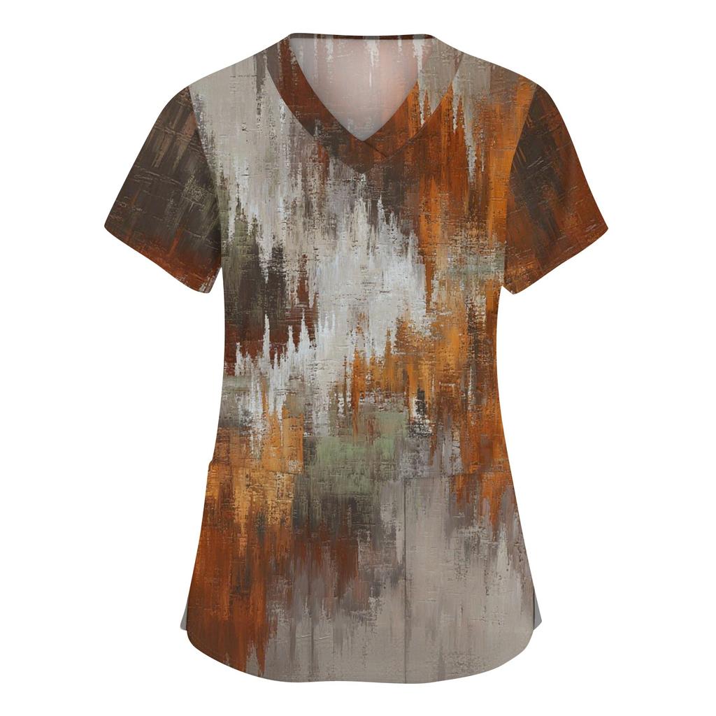 Damesmode werkkleding met V-hals, korte mouwen en bedrukte zakken