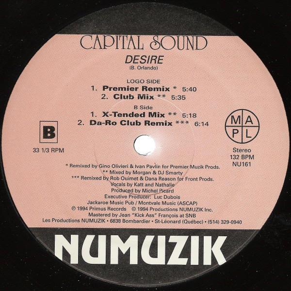 

12inch Record CAPITAL SOUND Desire NU161 Numuzik Inc. 1994 Canada Dance Electronica Used