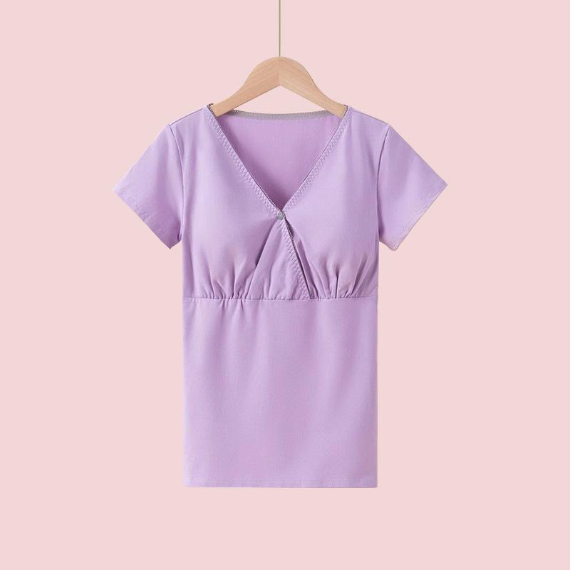 

Summer lightweight nursing cotton cross-over short-sleeve postpartum clothing, postnatal breastfeeding shirt, maternity t-shirt, home wear M фиолетовый