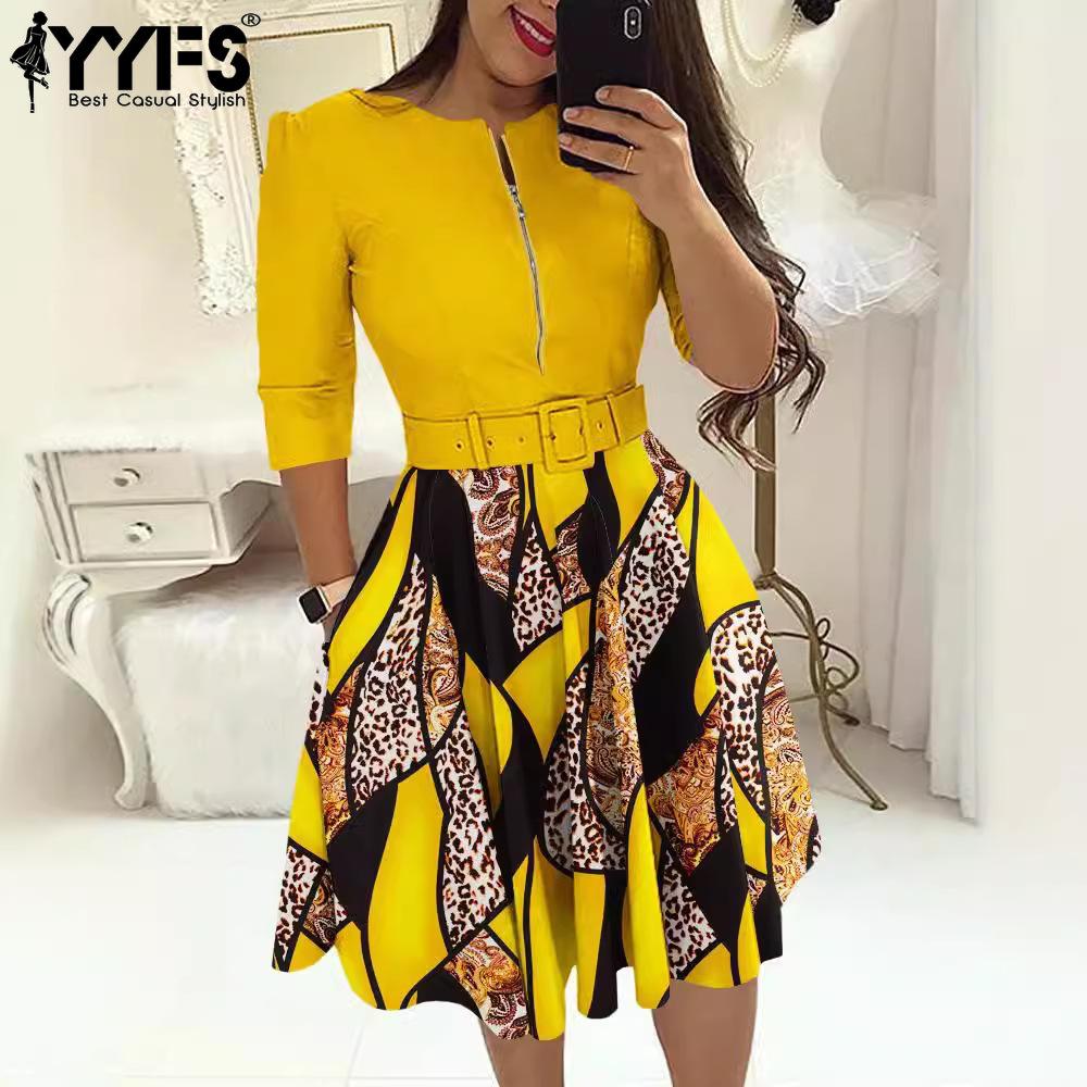 

YYFS Women s Fashion Summer Spring Leopard Print 1/2 Sleeves O-Neck High Waist Casual Dresses XXXL