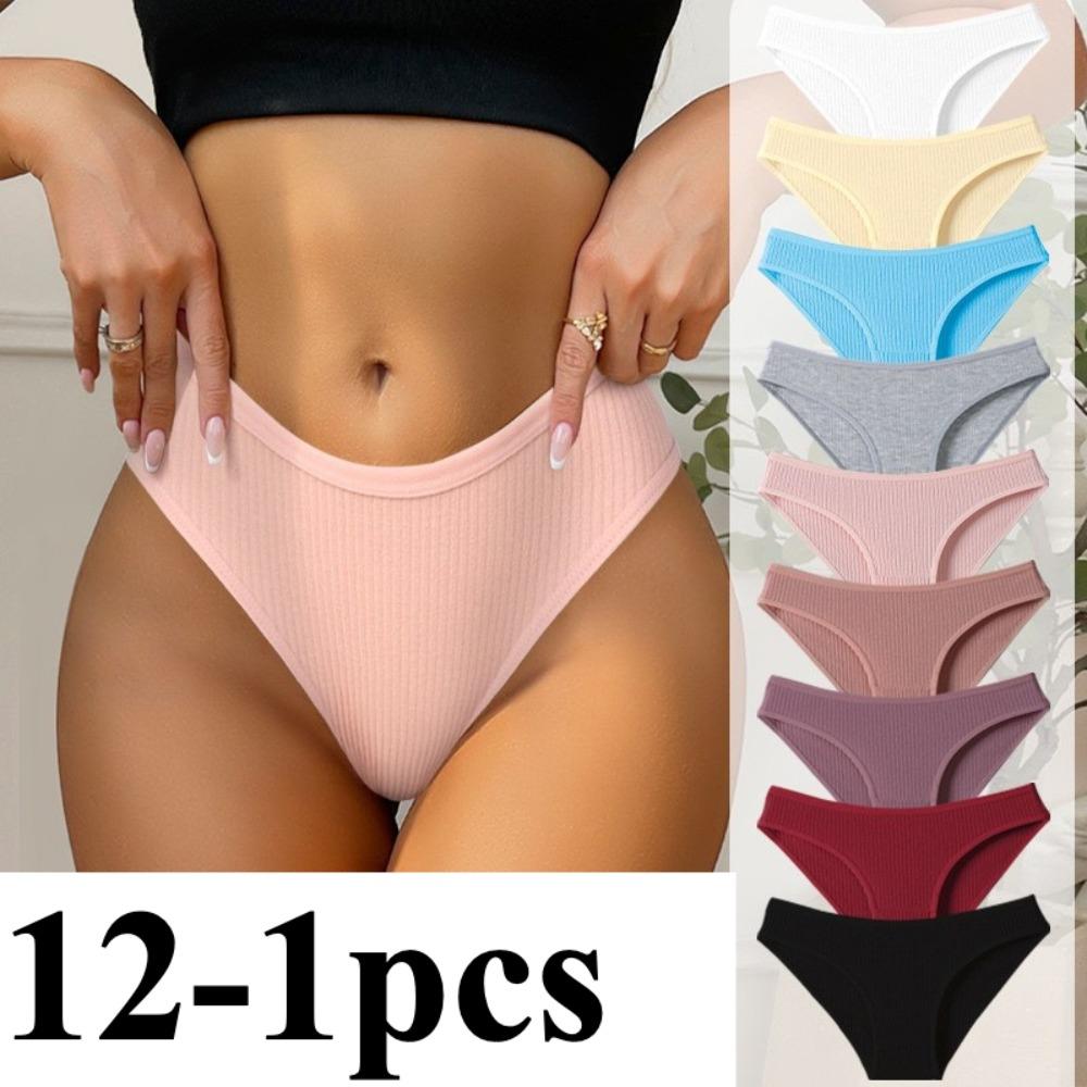 12-1pcs Women Sexy Ribbed Cotton Briefs, Low Waist Breathable Sport Soft Ladies Triangle Underwear