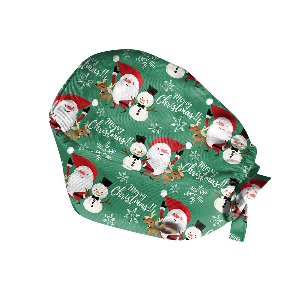 Christmas Print Work Cap with Adjustable Tie Back Ponytail Hole Dustproof Nurse Cap Surgical Scrub Hat for Women