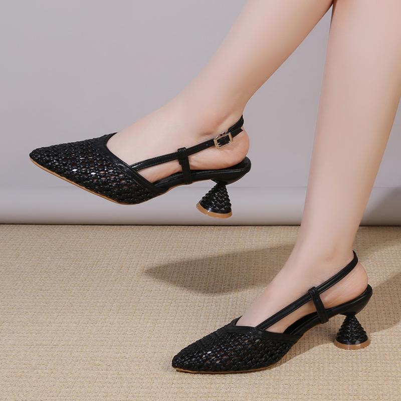 New French Niche Temperament Mid-heel Cut-out Woven One-line Buckle Strap High Heels Pointed Toe Shallow Mouth Sandals