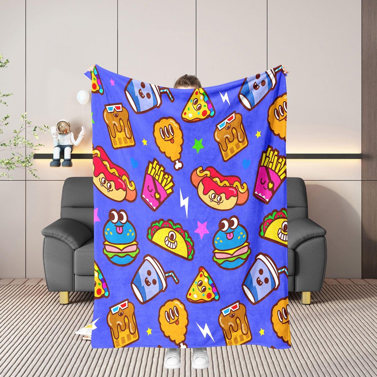 Funny Fast Food Pattern Blanket, Cute Burger Fries Pizza Throw for Sofa Bed Soft Fleece Decor Gift for Teens Kids multiple sizes 75X95CM