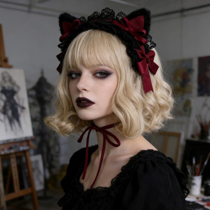 Elegant Anime Style Hair Accessory Featuring Gothic Cats Ears and Bows Design Safe Headdress Ideal for Daily Wear