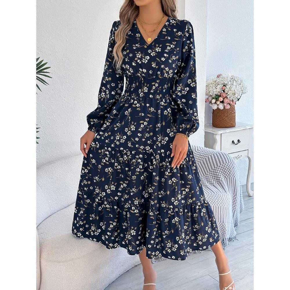 Robes Femme Mode Élégantes Florales Col V Manches Longues Taille Volants A-Ligne
