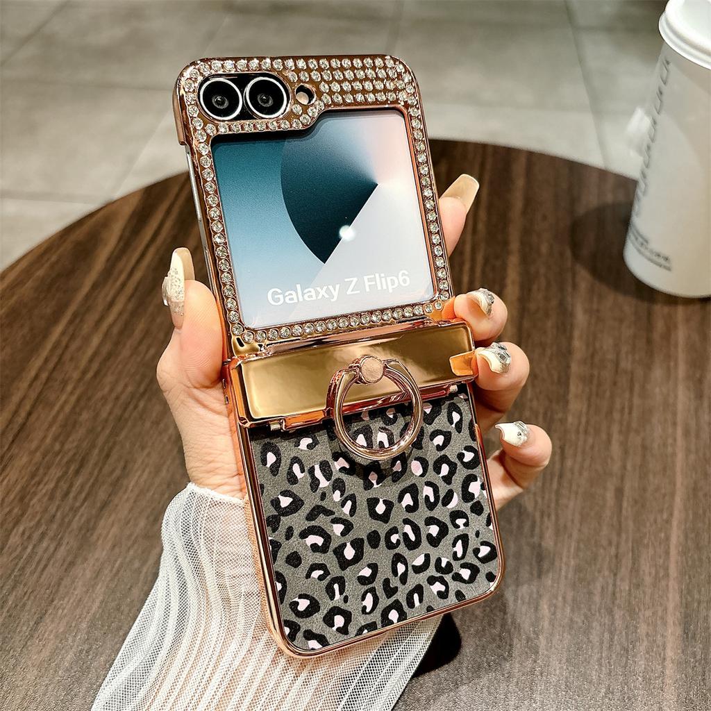 Electroplating Hinge Protective Ring Phone Case for Samsung Galaxy Z Flip 6 5 4 3 Flip6 Flip5 Flip4 Leopard Print Leather Cover