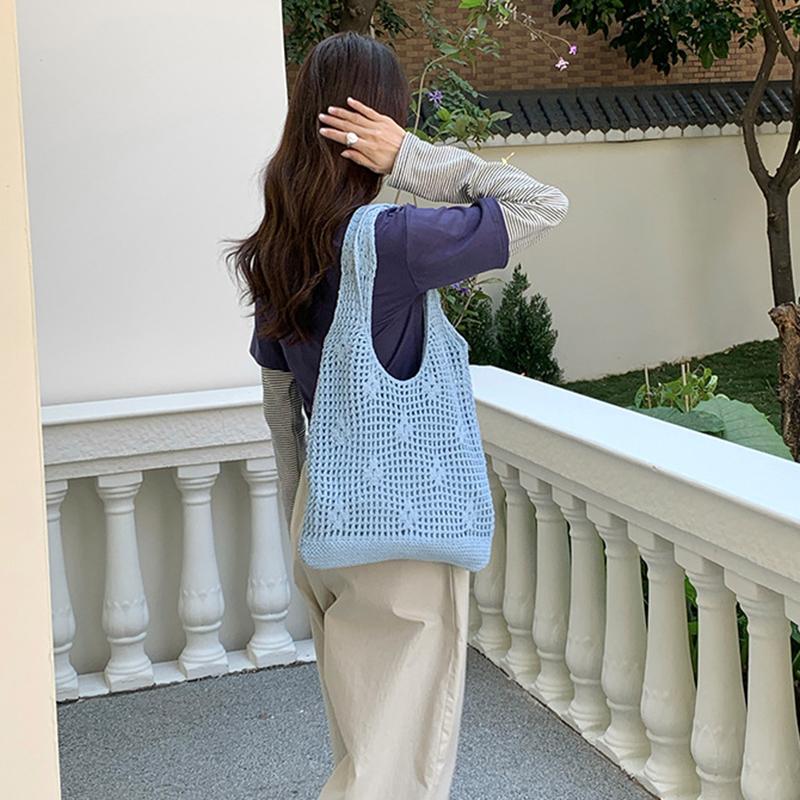 Yogodlns Korean Style Hollow Out Knitted Weave Bag Solid Color Vacation Style Knitted Shoulder Bag Handbag Braided