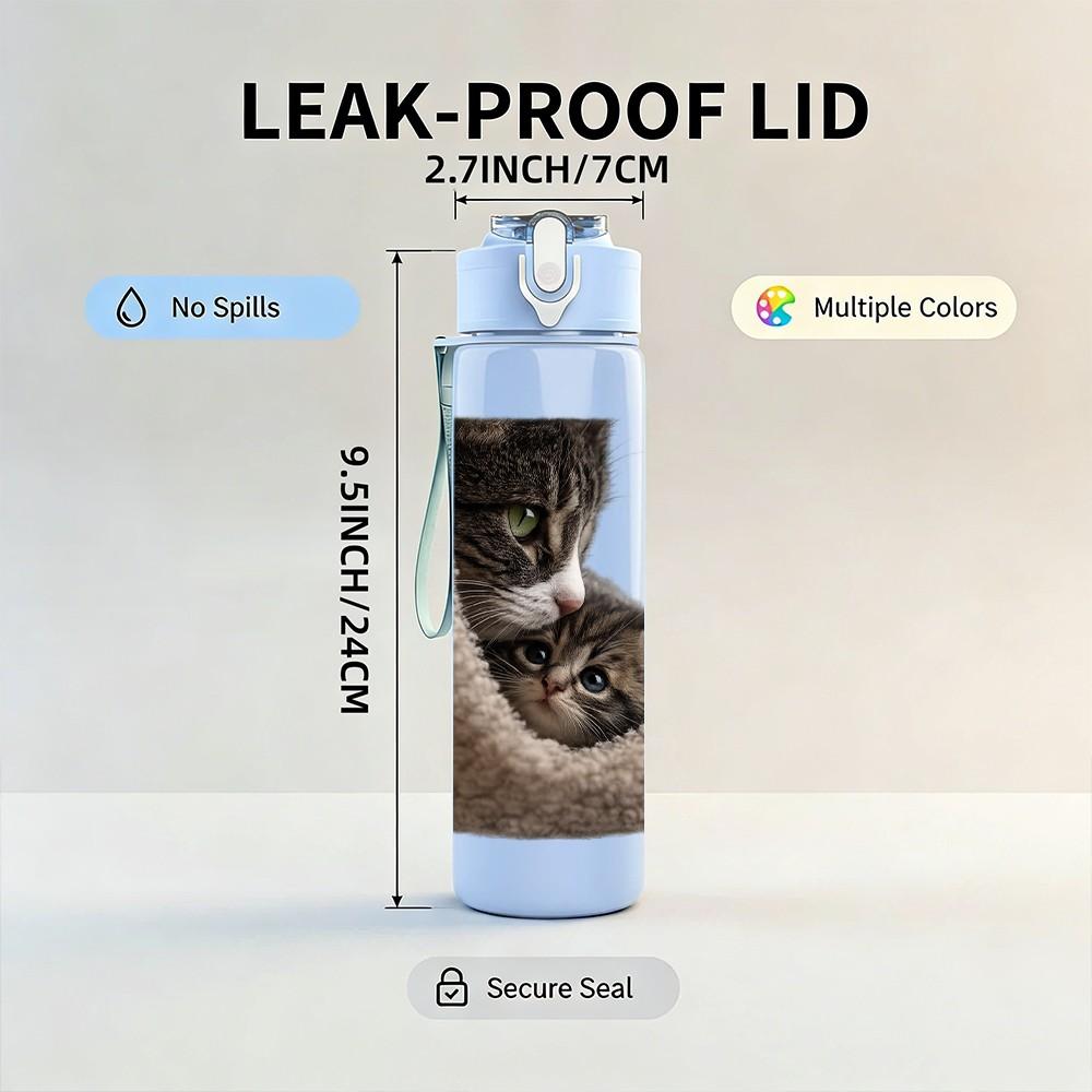 1PC Cat Curled Inside Soft Sack Print 750ml Color Plastic Sports Water Bottle Leakproof Flip Straw Lid Suitable for Sports Office Home Use