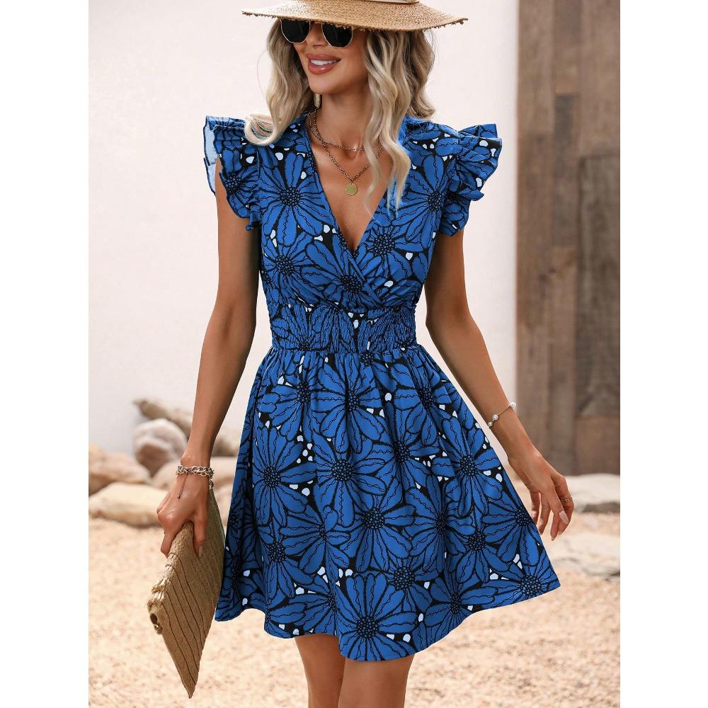 Women's Summer V-Neck Dress - Sexy Wrap Waist Floral Ruffle Sleeveless Bodycon Dress