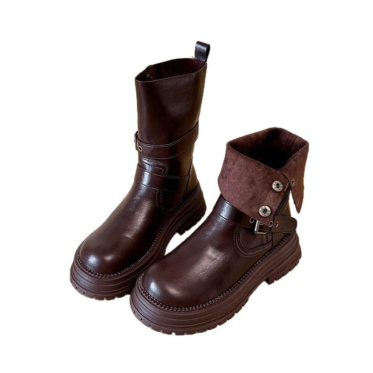 Retro Round Head Versatile Thick Heel Martin Boots 2025 New British Style Belt Buckle Maillard Medium Boots Women