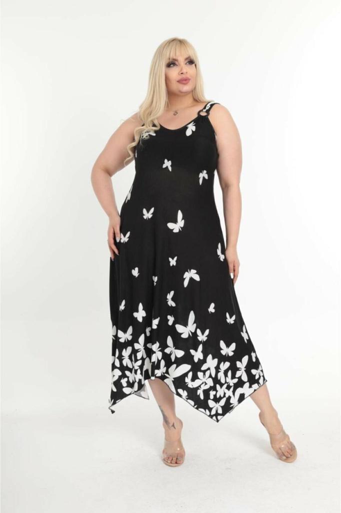 Dámské Šaty Velké Velikosti Plus Size Černé Vzorované Šaty s Motýlky a Detaily s Přezkou