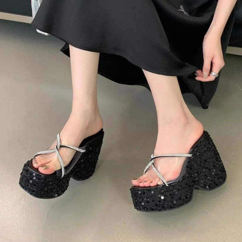Fashion Eilyken CRYSTAL Sequin Cloth PVC Transparen Platform Wedges High Heels Women's Slippers Elegant Banquet Shoes