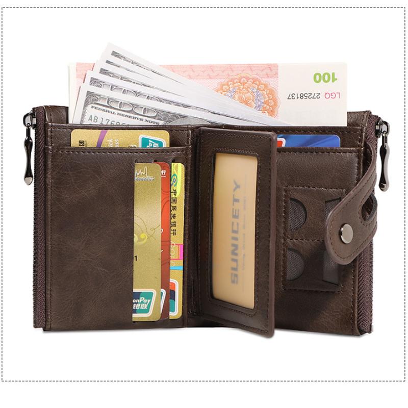 RFID Anti-theft Refreshing Men's Leather Wallet Wallet Retro Double Zipper Change Clip Short Wallet