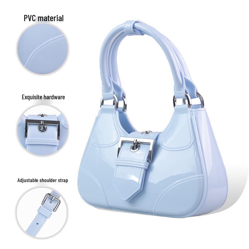 Gespleißte Halbmond-Schulter-Crossbody-Tasche, Damenhandtasche im europäischen und amerikanischen Stil, Motorrad-Achseltasche für Spicy Girl mit Gürtelschnalle