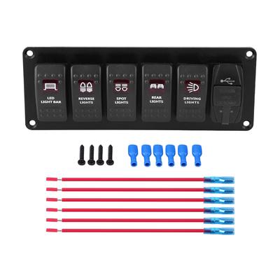 12V-24V 6 Gang Red LED Rocker Switch Panel with 3.1A Dual USB for Car RV Boat Yacht Marine