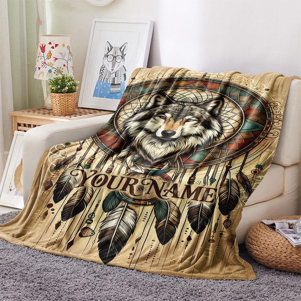 1PC Custom Name Wolf Pair Forest Patterned Flannel Blanket Suitable For All Seasons for Home Decor Warmth and Comfort Gifts Holiday Present_lx