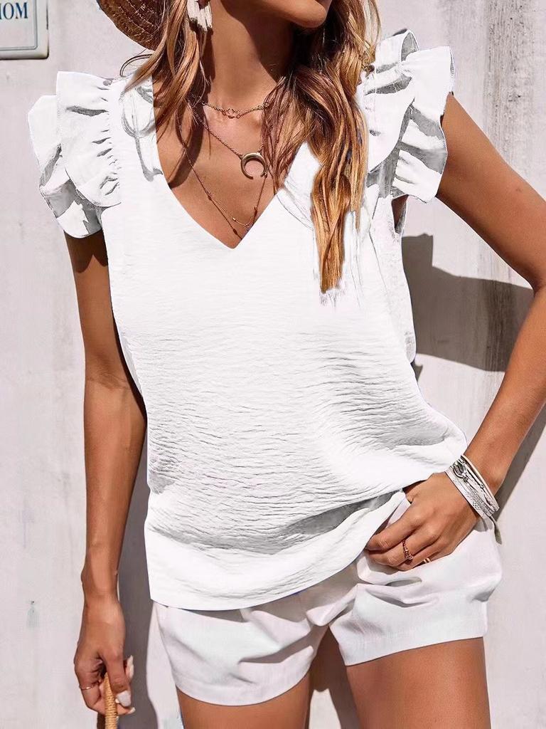 Dame V-hals Volang Vesttopp Sommer Ermeløs Skjorte