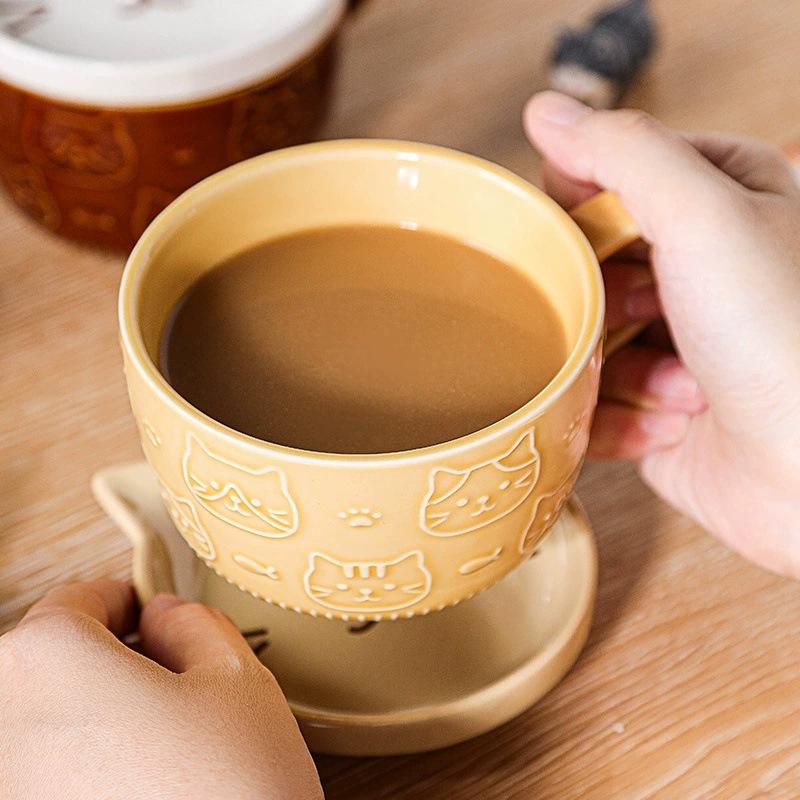 300ml Cute Ceramic Cat Coffee Mug with Lid,Kawaii Coffee Mugs or Tea Cups for Cat Lovers,Funny Novelty Cat Breakfast Mugs for Gift